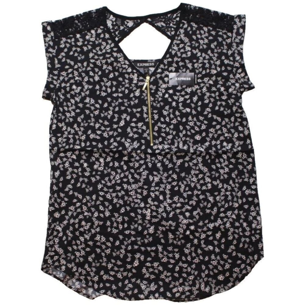 Express Womens Blouse Black Floral Print Sleeveless V-Neck Zip Top w Lace Sz XS